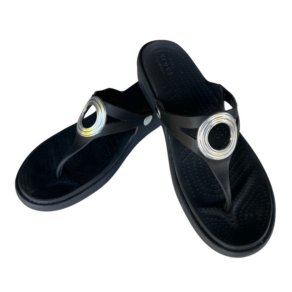 Crocs Women's Sanrah O-Ring Wedge Flip Black & Silver Thong Sandals Size 10
